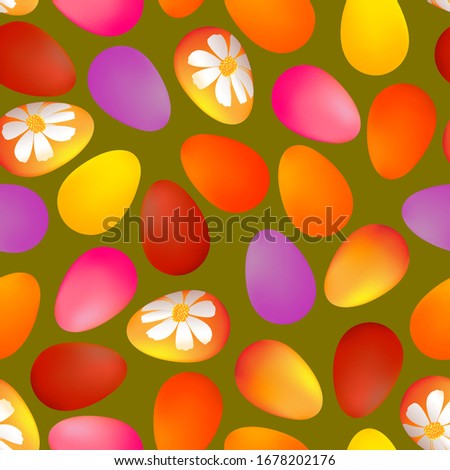 Easter seamless pattern of multi-colored eggs on a green background, vector, ready for printing on fabric, paper, wallpaper, covers, packages, cards, invitations, food packaging, for home design
