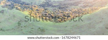 Early morning sunlight shines on the green hills of the East Bay in Northern California. This open area, east of San Francisco Bay, is green in the winter due to rain and golden during the summer.