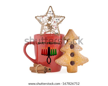 Happy Kwanzaa Kinara (Swahili for Candle Holder) Red Mug Christmas Tree Butter cookie star cinnamon sticks isolated on white background