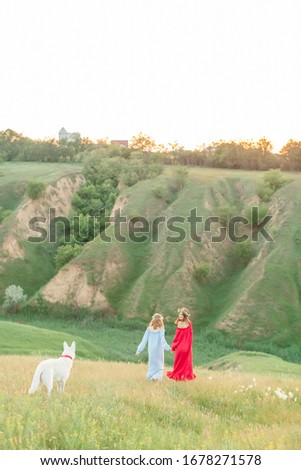 Rearview of young women with wreath walking on a green field. Spring mood.