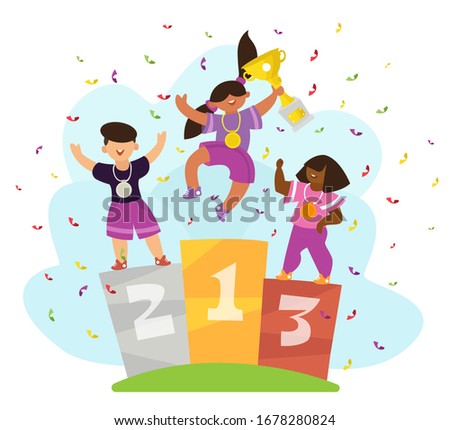 Three children with medals standing on winners pedestal. Winner first-place holds the cup in his hands. Cartoon flat style character, vector illustration.