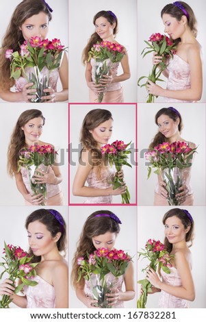 Collage of a happy brunette girl with wild orchid violet flowers