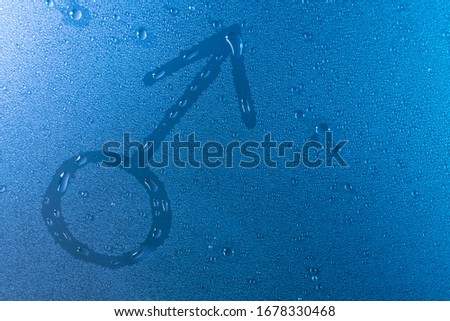 Gender man symbol in neon light background drops trend 2020 color Aqua menthe classic blue Lush lava, Flat lay top view copy space