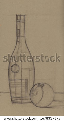 Realistic outline contour academic study drawing on beige paper with proportions, shape and construction of a glass bottle of wine or cognac and orange. Linear perspective and art skills