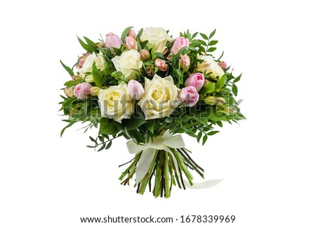 Fresh, lush bouquet of colorful flowers  for present isolated on white background. Wedding bouquet of roses and freesia flowers Royalty-Free Stock Photo #1678339969