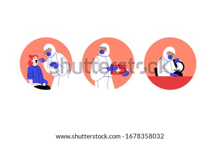 Set of flat illustrations of medical doctors wearing covid-19 protection suit running tests, doing research, walking and treating patient at the medical office Royalty-Free Stock Photo #1678358032