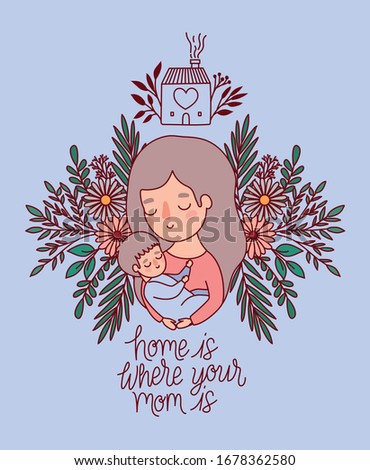 Mother and baby cartoon with flowers and leaves design, happy mothers day love relationship decoration celebration greeting and invitation theme Vector illustration