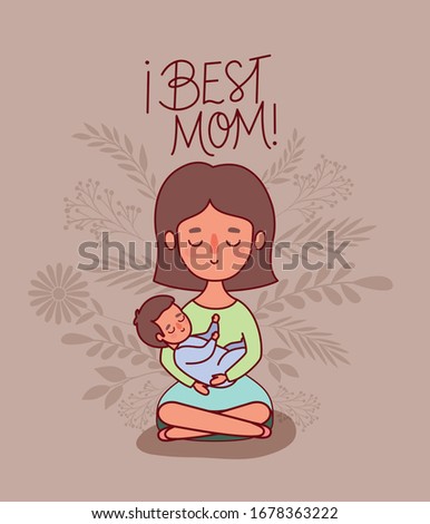 Mother and baby cartoon with leaves design, happy mothers day love relationship decoration celebration greeting and invitation theme Vector illustration