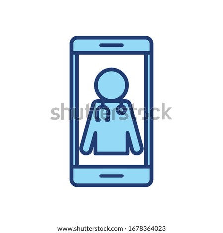 Avatar doctor with stethoscope inside smartphone line and fill of Health online medical care emergency aid exam clinic and patient theme Vector illustration