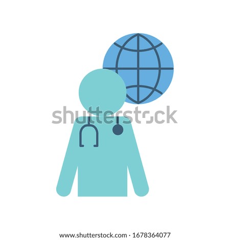 Avatar doctor with stethoscope and global sphere flat style icon design of Health online medical care emergency aid exam clinic and patient theme Vector illustration