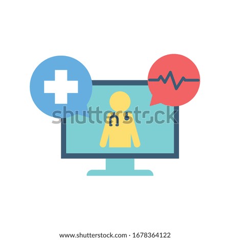 Avatar doctor with stethoscope inside computer flat style icon design of Health online medical care emergency aid exam clinic and patient theme Vector illustration