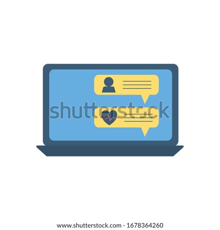 Communication bubbles inside laptop flat style icon design of Health online medical care emergency aid exam clinic and patient theme Vector illustration