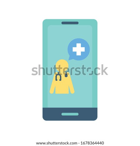 doctor with cross bubble inside smartphone flat style icon design of Health online medical care emergency aid exam clinic and patient theme Vector illustration