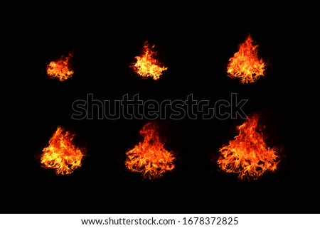 Set of 6 flame pictures, small to large On a black background He