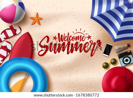 Welcome summer vector banner template. Welcome summer text with beach and travel elements like floater, camera, mobile phone, hat, sunglasses, umbrella and flip flop in sand background.