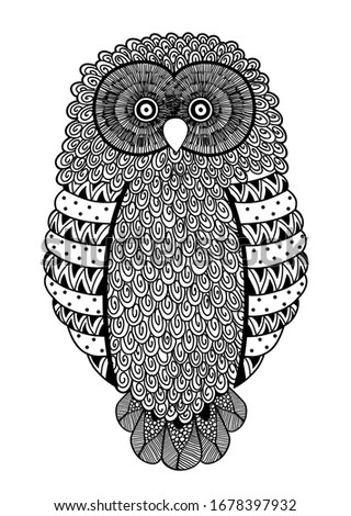 Vector illustration of cute owl in doodle line art. Can be used as a template for your card design, coloring book, invitation, poster, apparel print.