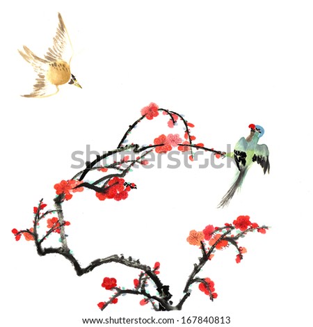 the theme of nature,Chinese element--plum blossom with bird, a sign for spring