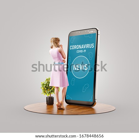 Unusual 3d illustration of a woman standing at big smartphone and reading newsabout coronavirus. Coronavires information concept.