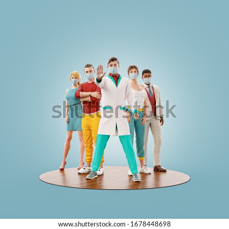 Unusual 3d illustration of young doctor shows stop gesture standing before people. Halth care and life protection concept.
