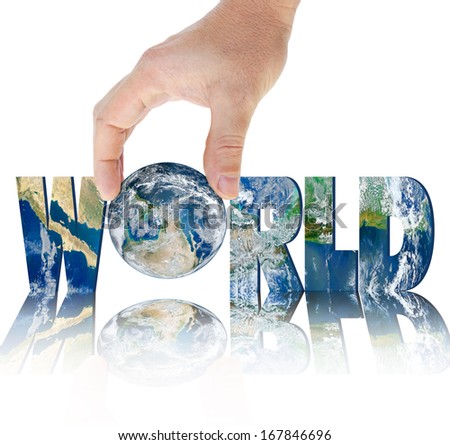 Hand holding planet Earth on a background of the inscription WORLD."Elements of this image furnished by NASA"
