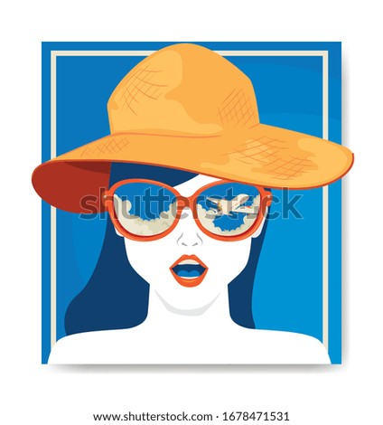 travel poster and face of woman with hat summer female vector illustration design