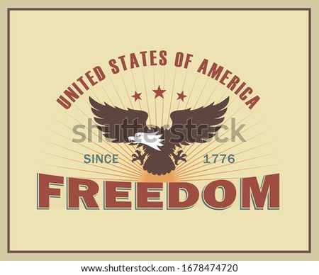 Color illustration of usa independence day in vintage style. Vector illustration of an eagle with text, sun with rays and stars on a colored background. The eagle is a symbol of freedom in the USA.
