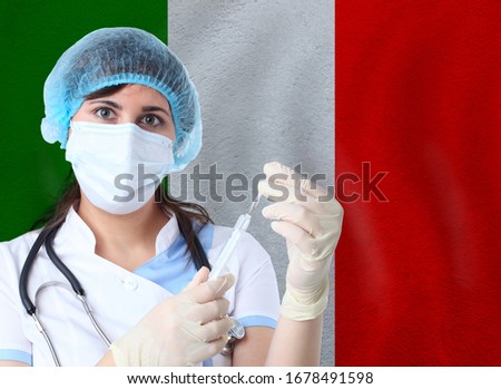 Scientist woman with test tube Coronavirus or COVID-19 against Italy flag. Research of viruses in laboratory for prevention of a pandemic in Italy