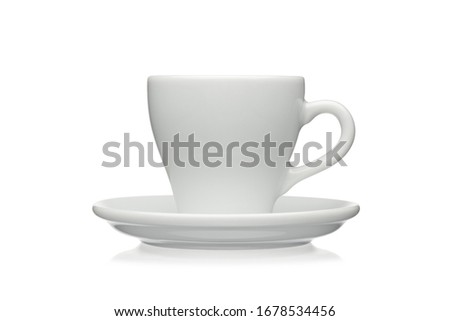 White cup and saucer isolated on a white background. Royalty-Free Stock Photo #1678534456