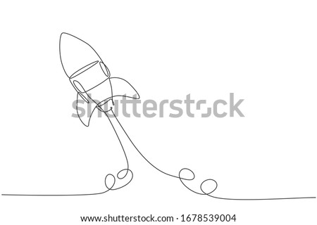 One continuous line drawing of simple retro spacecraft flying up to the outer space nebula. Rocket space ship launch into universe concept. Dynamic single line draw design vector graphic illustration Royalty-Free Stock Photo #1678539004