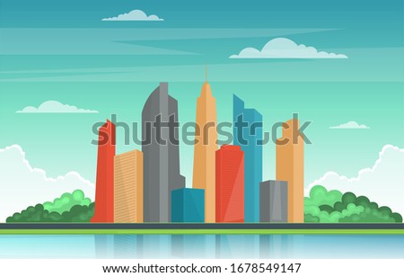 Beautiful River City Park Modern Building Skyline Landmark Illustration