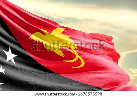 Papua New Guinea national flag cloth fabric waving on the sky with beautiful sun light - Image
