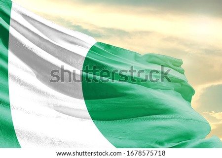 Nigeria national flag cloth fabric waving on the sky with beautiful sun light - Image