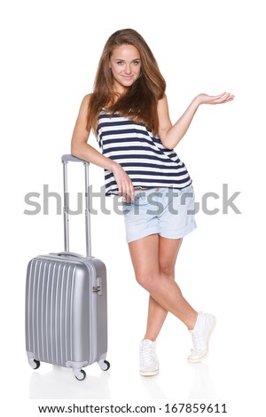 Teenager hipster with travel suitcase in full length showing blank copy space, isolated on white background