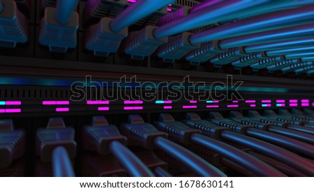 Close-up View of Modern Internet Network Switch With Plugged Ethernet Cables. Blinking Lights on Internet Server. Concept of Data Center, Cloud Computing and Telecommunications.
 Royalty-Free Stock Photo #1678630141