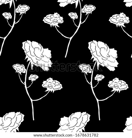 Seamless pattern with white flowers on a black background. Vector texture.
Print for textiles, fabrics, backgrounds, accessories, wrapping paper, wallpaper.