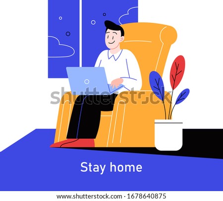 Flat illustration of a man working from home during the quarantine. Covid-19 prevention.  Royalty-Free Stock Photo #1678640875