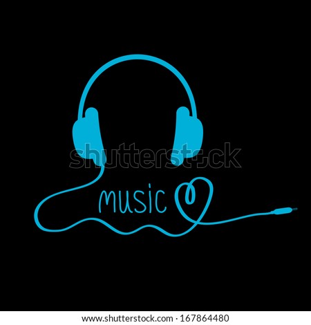 Blue headphones with cord and word Music. Black background. Love card. Rasterized copy