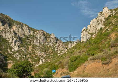 View on Buggerru mountains, coastal peaks in south Sardinia, Italy