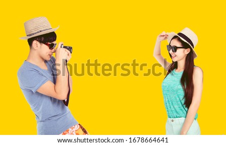 happy young tourist couple  taking  picture and enjoy summer vacation