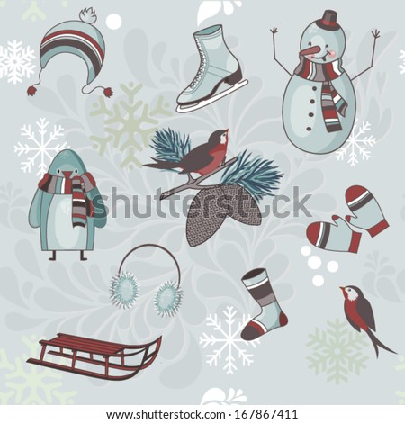 Winter Clip Art - Icons and symbols of winter season and winter fun, including snowman, wool cap, socks and mittens, and sleds