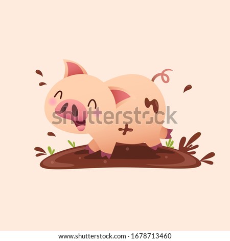 Vector illustration cartoon pig playing in the mud.