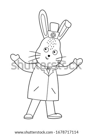 Vector outline animal doctor. Cute funny hare character. Medical coloring page for children. Hospital illustration isolated on white background