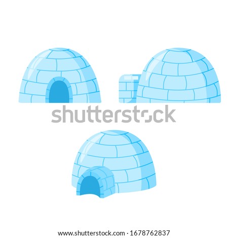 Set of igloo isolated on white background. Icy cold house in flat design. Winter construction from ice blocks.  Eskimo peoples house. Vector illustration