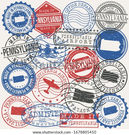Pennsylvania, USA Set of Stamps. Travel Passport Stamps. Made In Product. Design Seals in Old Style Insignia. Icon Clip Art Vector Collection.