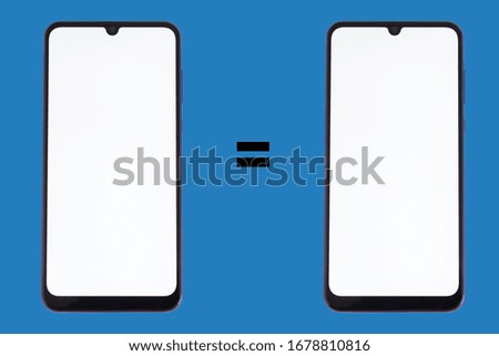 Two smartphones with white displays on a blue background with an equal sign in the middle.