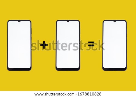 Three smartphones with a blank screen and plus and equal signs on a yellow background.
