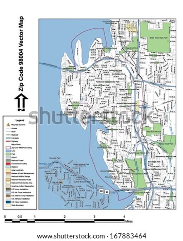 Vector map with summits, rivers, railroads, streets, lakes, parks, airports, stadiums, correctional facilities, military installations and federal lands by zip code 98004 with labels and clean layers.