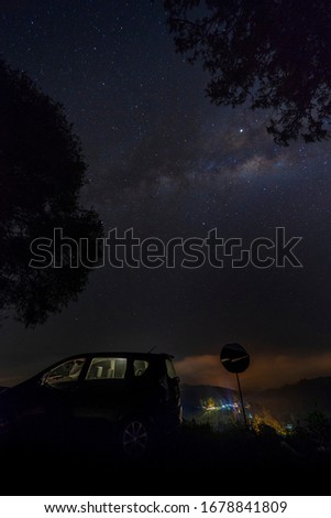 Amazing starry night sky with milky way, Long exposure and low light astrophotography with noise due to high iso.