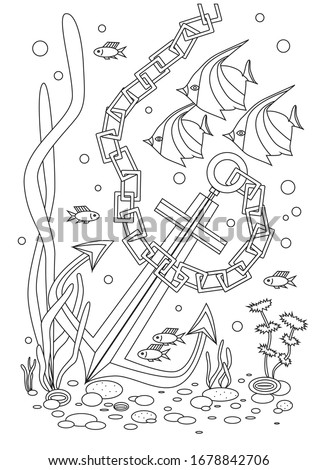 Coloring page with butterfly fish in the ocean or on the seabed. Outline vector stock illustration with ship anchor, fish and algae as a concept of aquatic nature