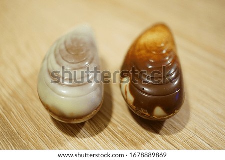 A closeup shot of Belgian chocolate candies in seashell shapes on a wooden surface